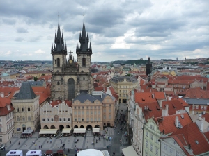 Church of Our Lady Before Tyn in Prague's Old Town Square, view from the clock tower.  One of the towers is supposed to represent Adam, and the other Eve.  Which is which is still under debate.
